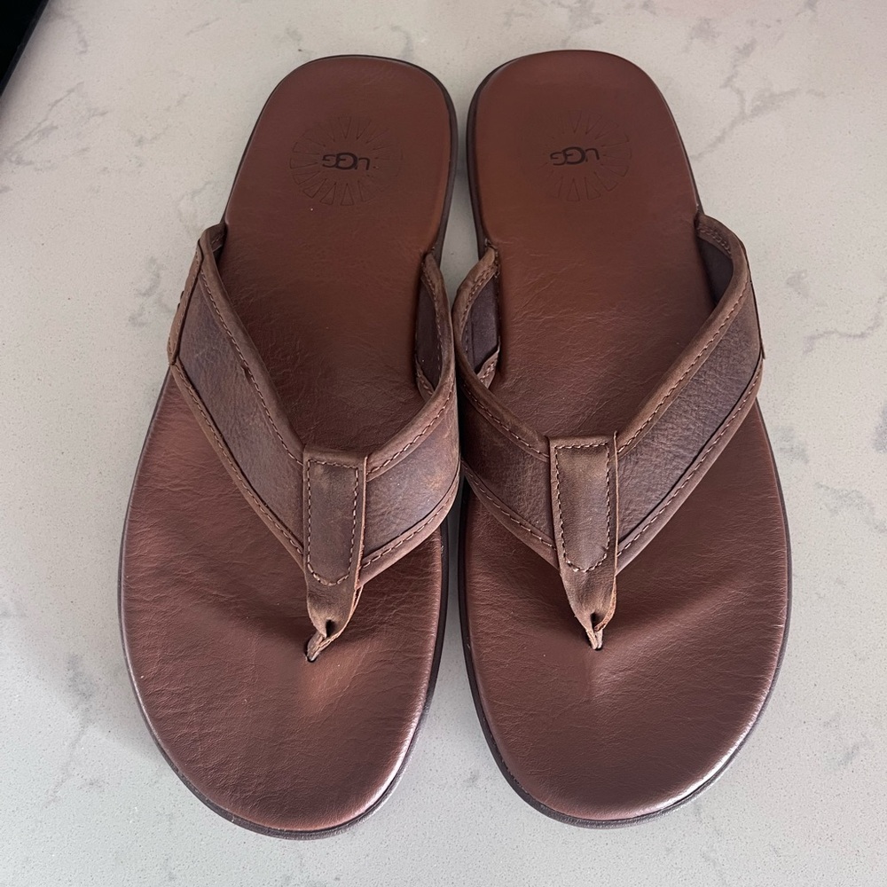 UGG Brown Leather Flip Flops